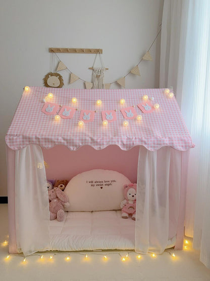 Pink Gingham Bunny Playhouse Tent – Indoor Kids Tent with Curtains, Cushions & Fairy Lights