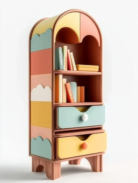 Rainbow Cloud Kids' Bookshelf with Drawers – Colorful Wooden Storage Cabinet