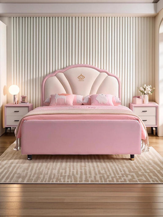 Princess-Inspired Upholstered Kids Bed – Pink Crown Headboard with Soft Padding & Elegant Design