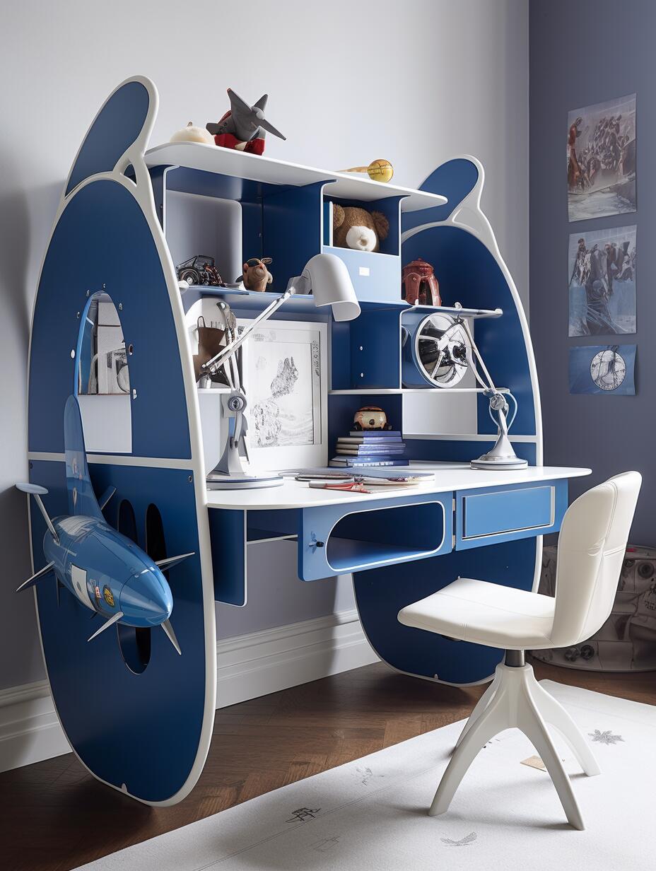 Kids’ Airplane Cockpit-Themed Study Desk & Chair Set – Aviation-Inspired Workspace with Shelves
