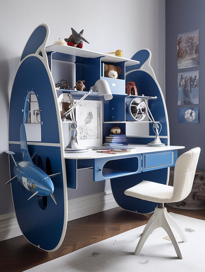 Kids’ Airplane Cockpit-Themed Study Desk & Chair Set – Aviation-Inspired Workspace with Shelves