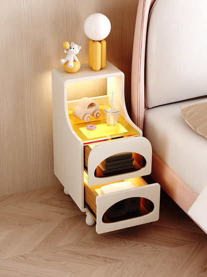 Modern Kids Bedside Table with LED Lights – Soft-Edge Nightstand with Storage Shelves