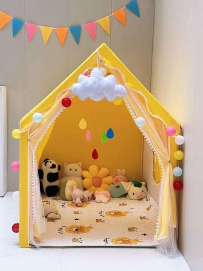 Sunny Yellow Kids Playhouse Tent – Indoor Play Tent with Mesh Curtains, Lights & Cute Animal Prints