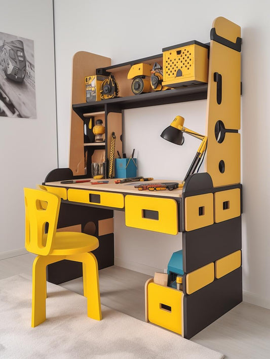 Kids’ Construction-Themed Study Desk with Storage – Builder-Inspired Workstation & Chair Set