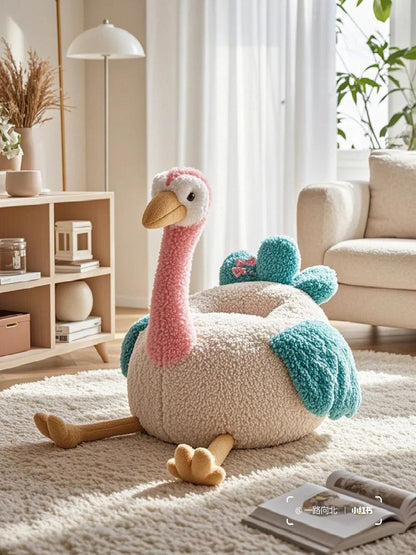 Plush Ostrich Kids Sofa Chair – Animal-Shaped Toddler Lounge Seat with Soft Sherpa Fabric (Cartoon Bird Design for Playroom & Nursery)