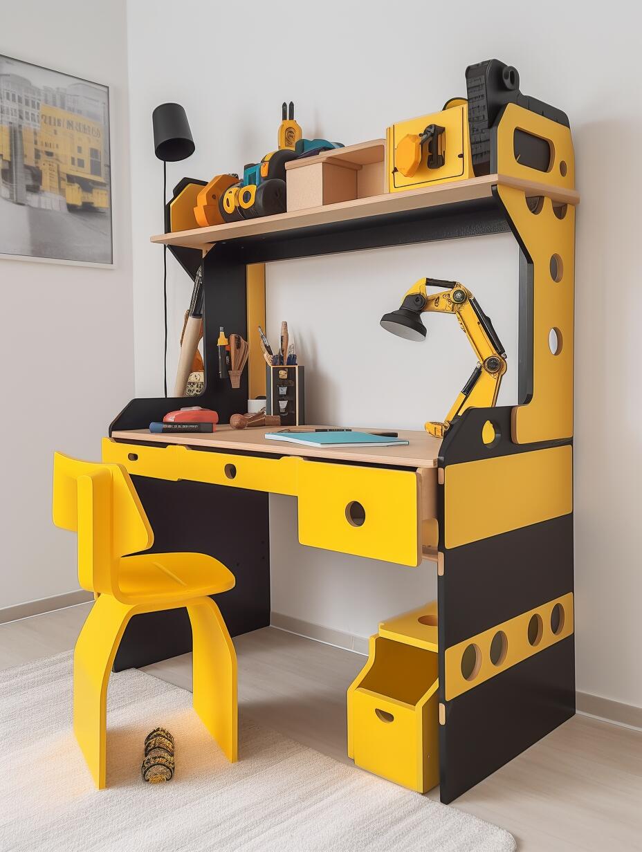 Kids’ Construction-Themed Study Desk with Storage – Builder-Inspired Workstation & Chair Set