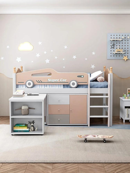 Kids Loft Bed with Storage – Super Car Theme Twin Bed with Ladder, Cabinets & Bookshelf (Bed)