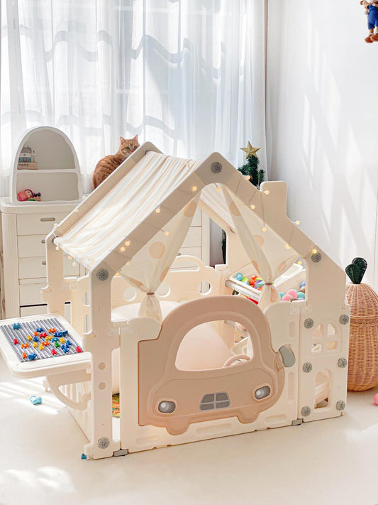 Kids' Indoor Playhouse with Car Door Design, Canopy Roof & Activity Table – Multi-Functional Play Yard with Ball Pit