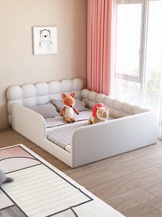 Padded Toddler Floor Bed with Safety Rails – Soft Upholstered Kids Bed for Montessori Bedrooms