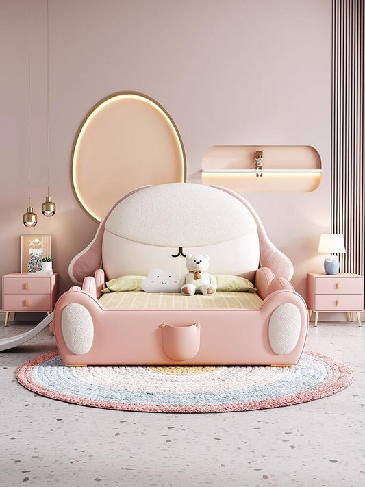 Cute Bunny-Themed Kids Bed with Slide & Steps – Pink Upholstered Toddler Bed with Plush Headboard