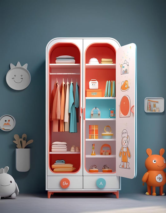 Colorful Kids' Wardrobe Closet – Cartoon-Themed Armoire with Hanging Space & Shelves