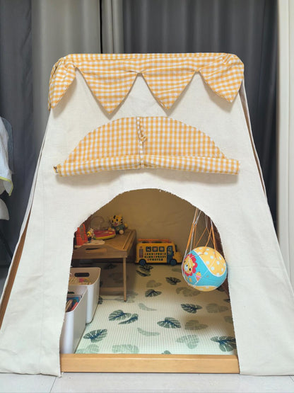 Kids Indoor Canvas Tent – Playhouse with Wooden Frame and Gingham Curtains