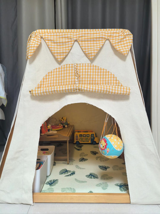 Kids Indoor Canvas Tent – Playhouse with Wooden Frame and Gingham Curtains