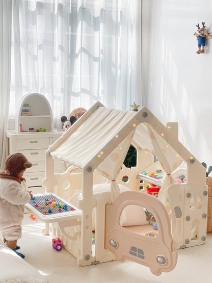 Kids' Indoor Playhouse with Car Door Design, Canopy Roof & Activity Table – Multi-Functional Play Yard with Ball Pit