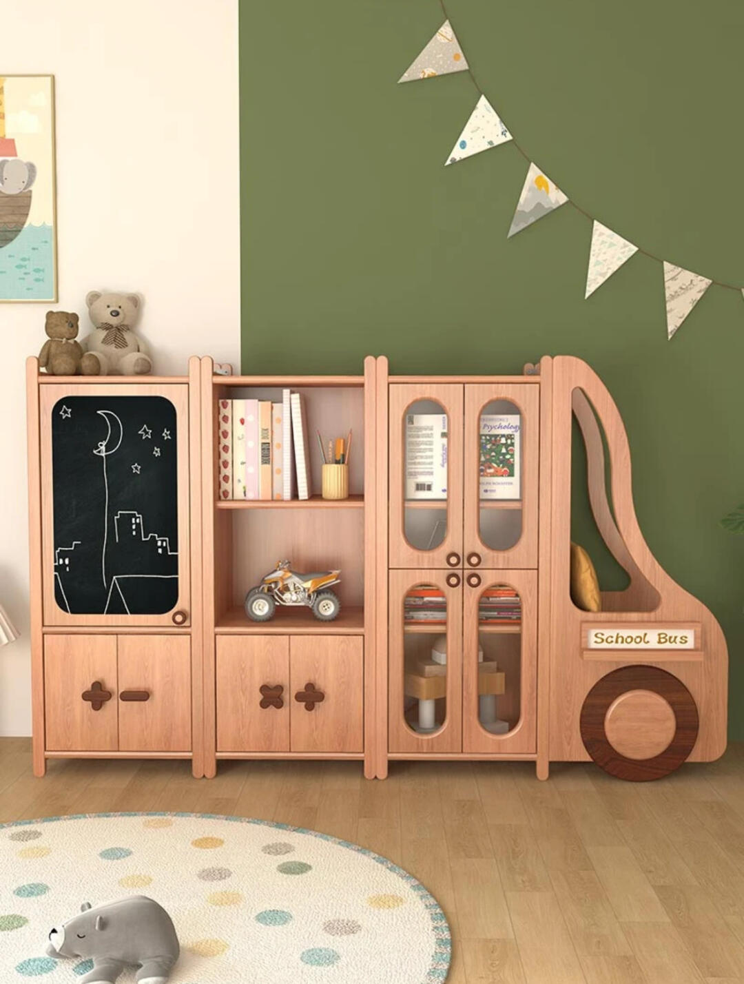 School Bus-Themed Wooden Bookshelf – Fun & Functional Kids’ Storage
