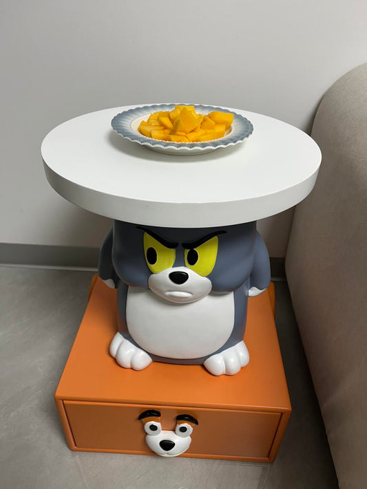 Cartoon Cat & Dog Side Table with Hidden Drawer – 3D Character Design for Kids Rooms & Play Spaces