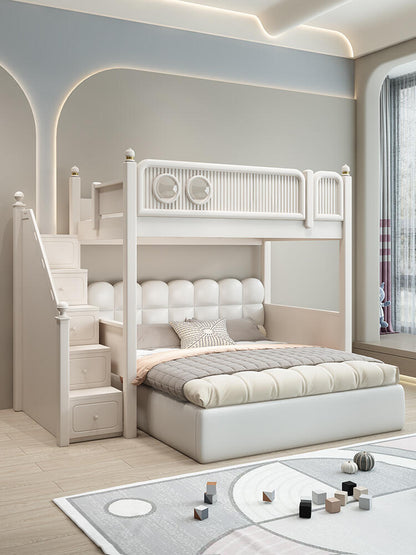 Modern Kids Loft Bunk Bed with Shelves & Upholstered Lower Bed – Space-Inspired Double-Level Bed Frame