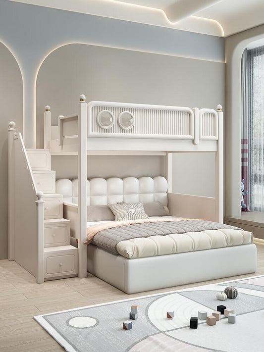 Modern Kids Loft Bunk Bed with Shelves & Upholstered Lower Bed – Space-Inspired Double-Level Bed Frame