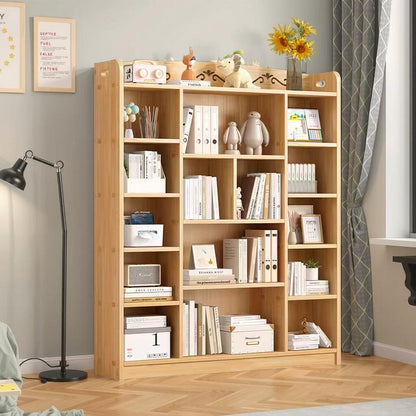 Natural Wood Bookshelf with Drawers – Multi-Tier Storage Organizer for Bedroom or Study