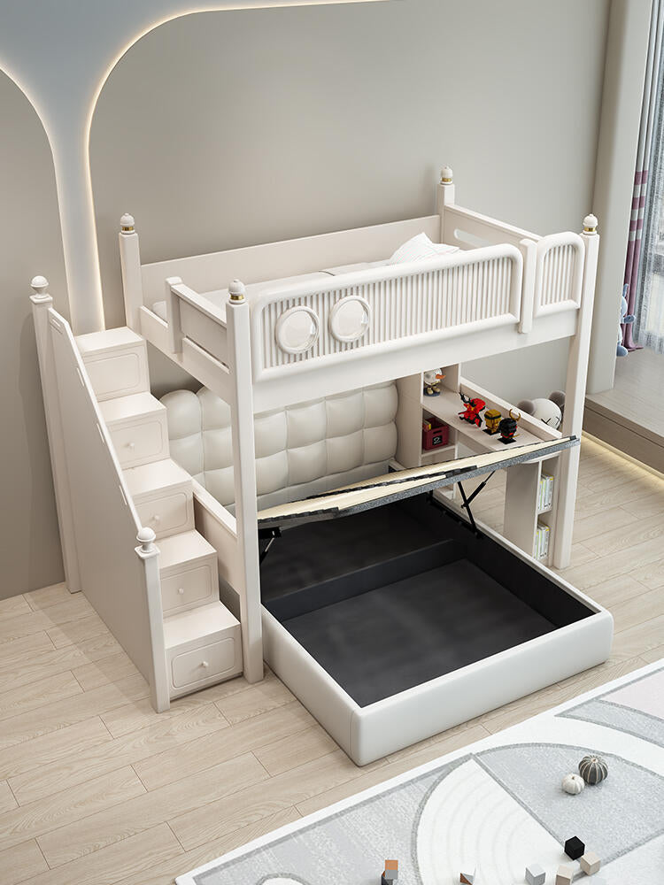 Modern Kids Loft Bunk Bed with Shelves & Upholstered Lower Bed – Space-Inspired Double-Level Bed Frame