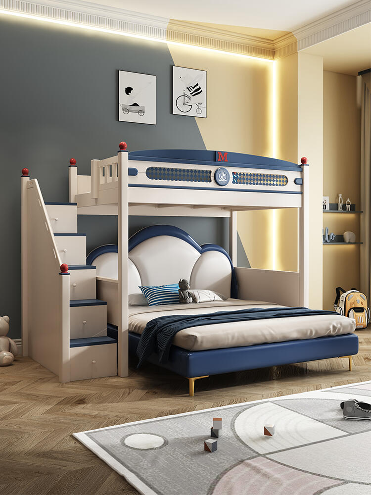 Kids’ Bunk Bed with Staircase & Upholstered Full Bed – Navy Blue & White Captain-Themed Loft Bed