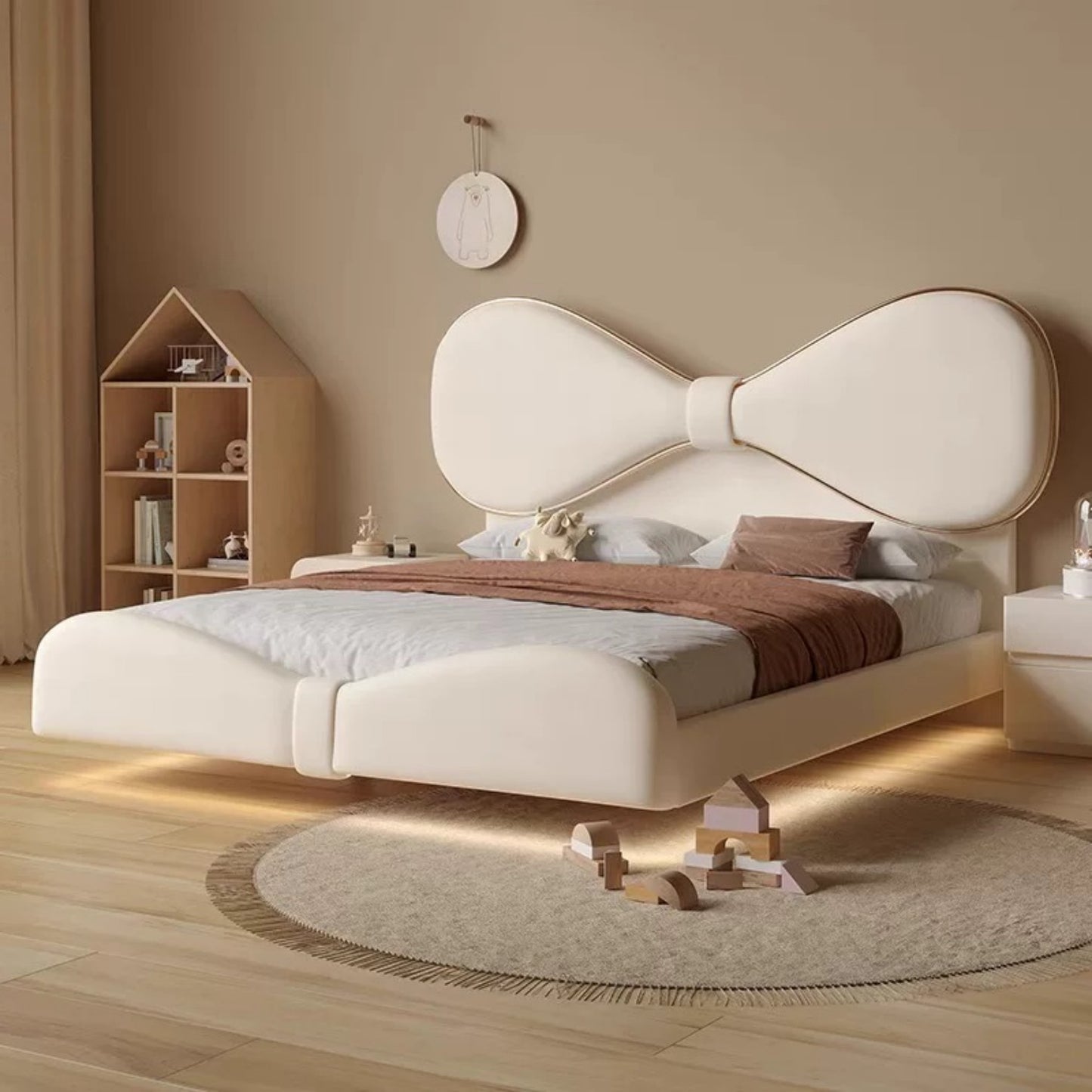 Modern Kids Bed with Bowknot Headboard, Upholstered Children’s Bed Frame with LED Lights