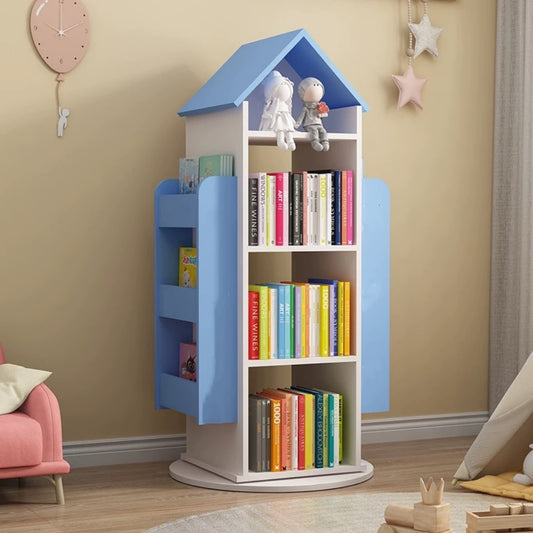 Blue Roof Rotating Bookcase – House Shaped Kids Bookshelf