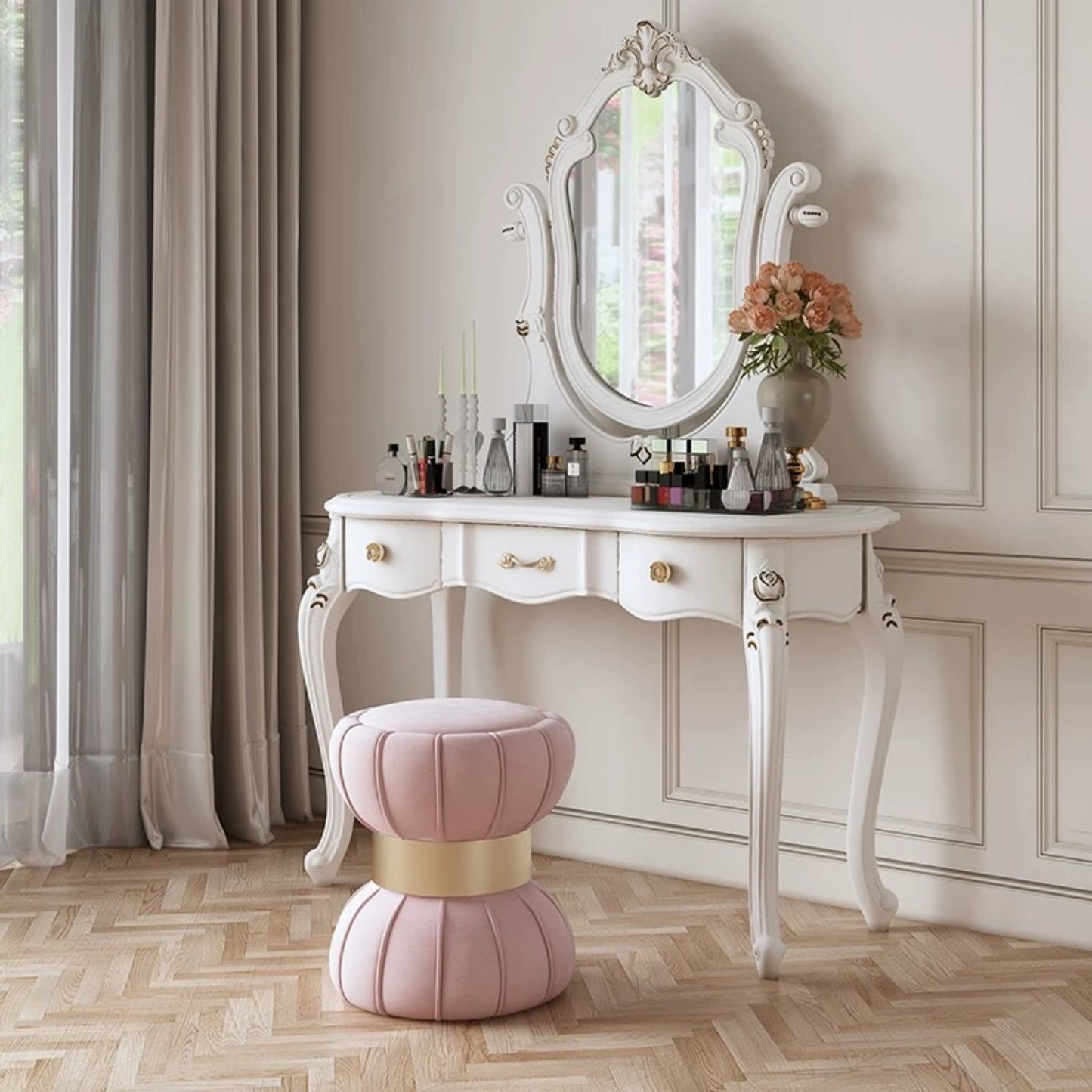 Elegant White Vanity Table with Mirror and Stool, Vintage Makeup Dressing Table Set