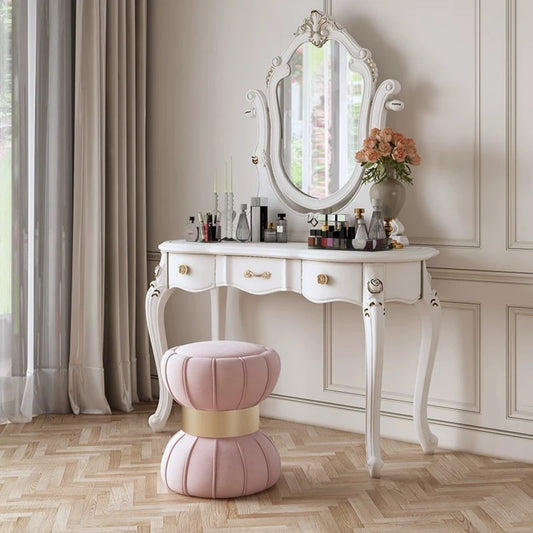 Elegant White Vanity Table with Mirror and Stool, Vintage Makeup Dressing Table Set