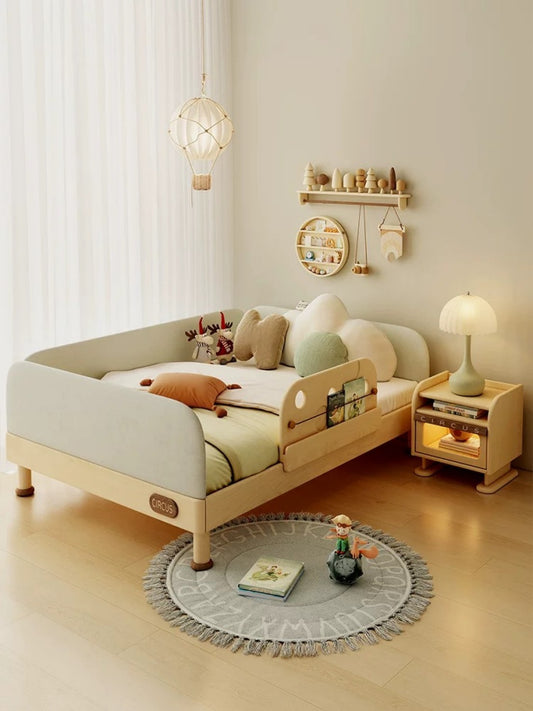 Modern Wooden Kids Bed with Safety Guardrail and Storage