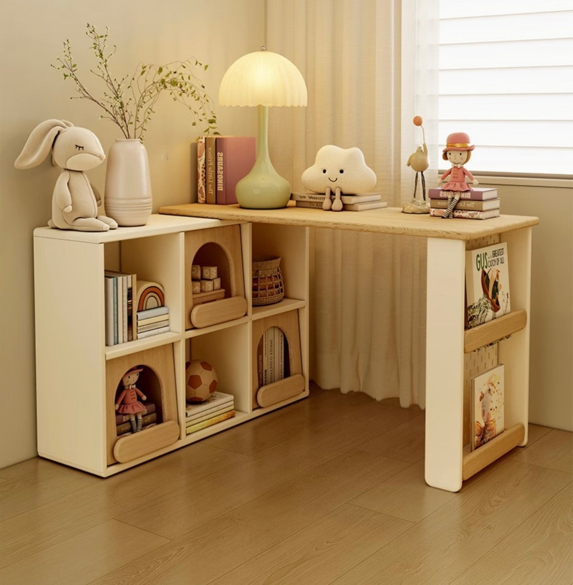 Modern Kids Corner Desk with Bookshelves – L-Shaped Study Table