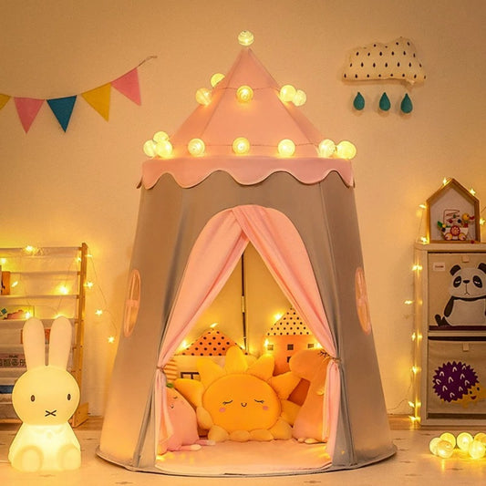 Gray & Pink Starry Night Play Tent – Kids Indoor Princess Castle